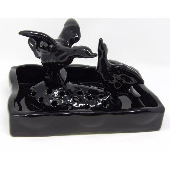 Vintage Camark Pottery Black Pair of Ducks Flower Frog with Matching Black Pond